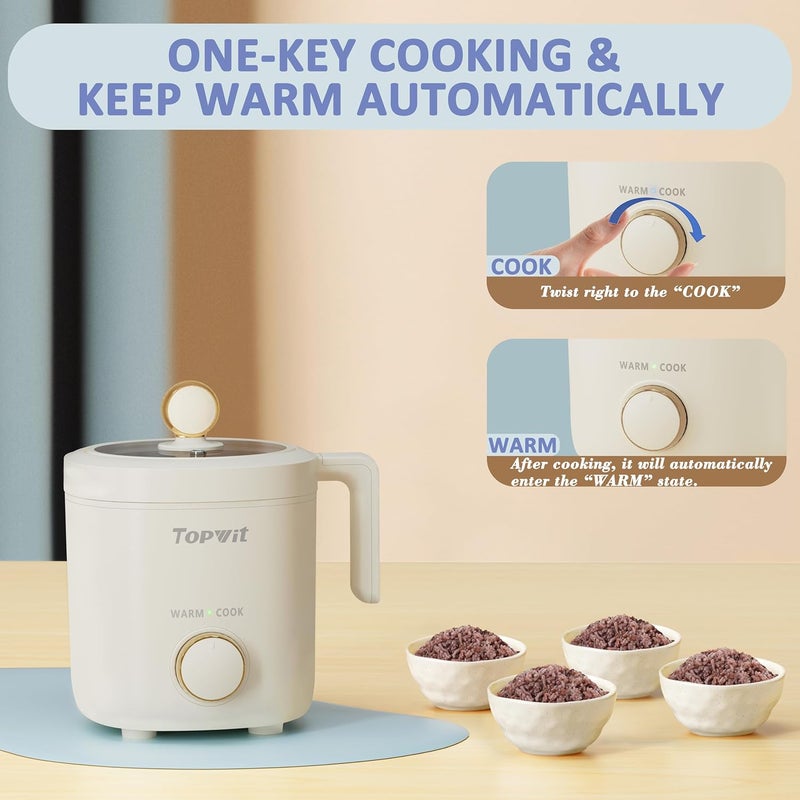 TopWit Rice Cooker Small, Mini Rice Cooker 2 Cups Uncooked, 1.2L Portable Rice Maker with Non-stick Coating, BPA Free, One Touch & Keep Warm Function, Beige - Image 4